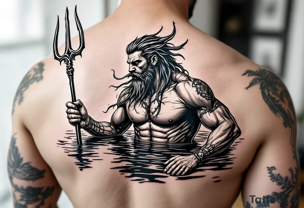 young, fit poseidon in calm water, holding a trident, drinking a beer, with a foot tattoo on his bicep tattoo idea