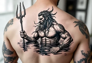 young, fit poseidon in calm water, holding a trident, drinking a beer, with a foot tattoo on his bicep tattoo idea