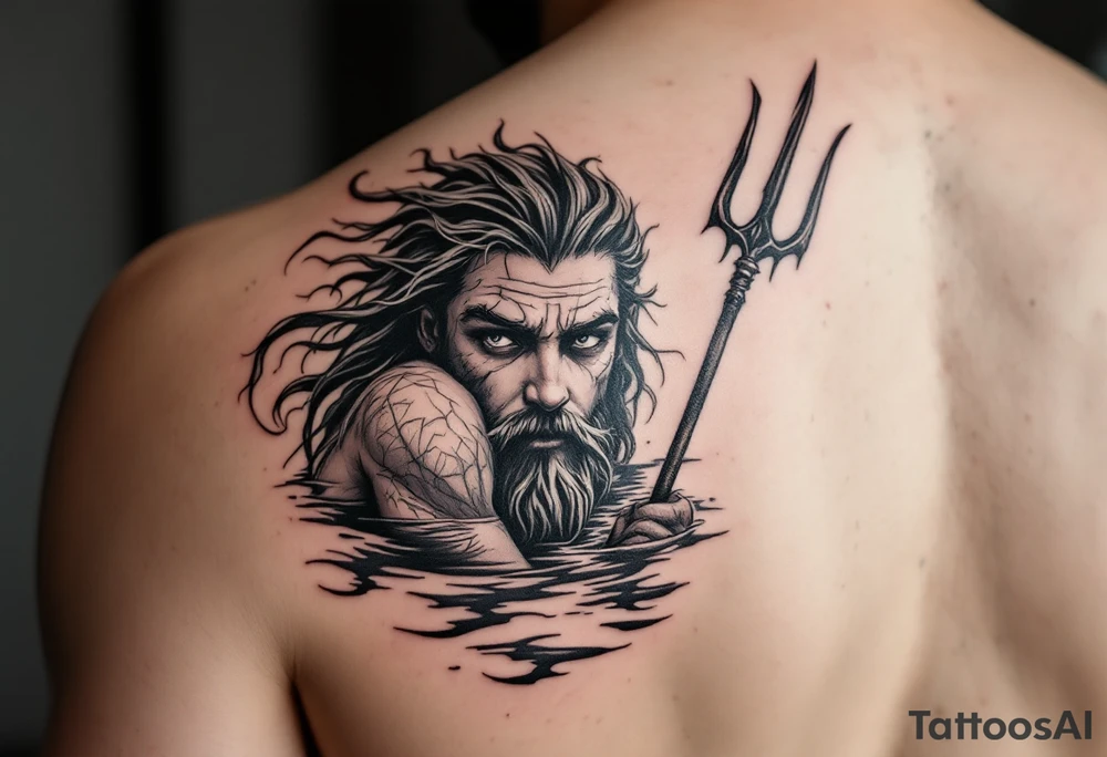 young poseidon, with trident, in water, looking at the horizon tattoo idea