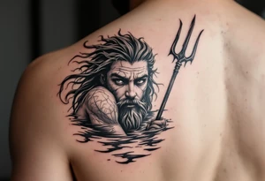 young poseidon, with trident, in water, looking at the horizon tattoo idea