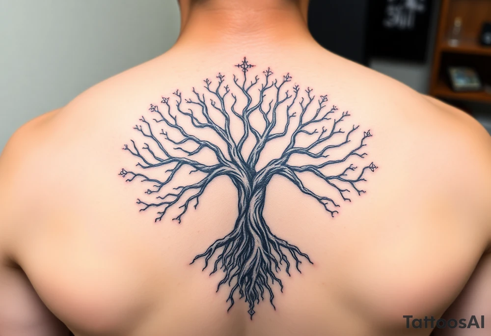 mystical tree of life with cosmic roots and celestial branches tattoo idea