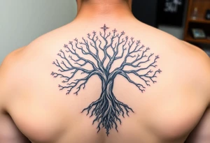 mystical tree of life with cosmic roots and celestial branches tattoo idea