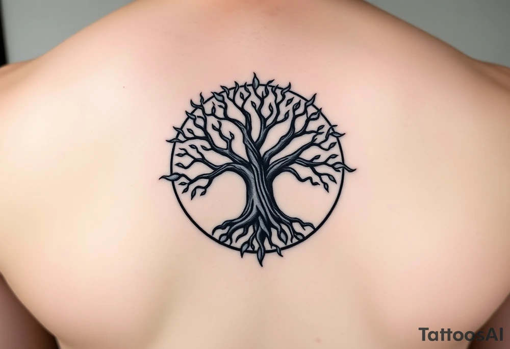 yggadrisl tree of life with circle. Jai , Phoebe, Imogen, Matilda in the circle tattoo idea