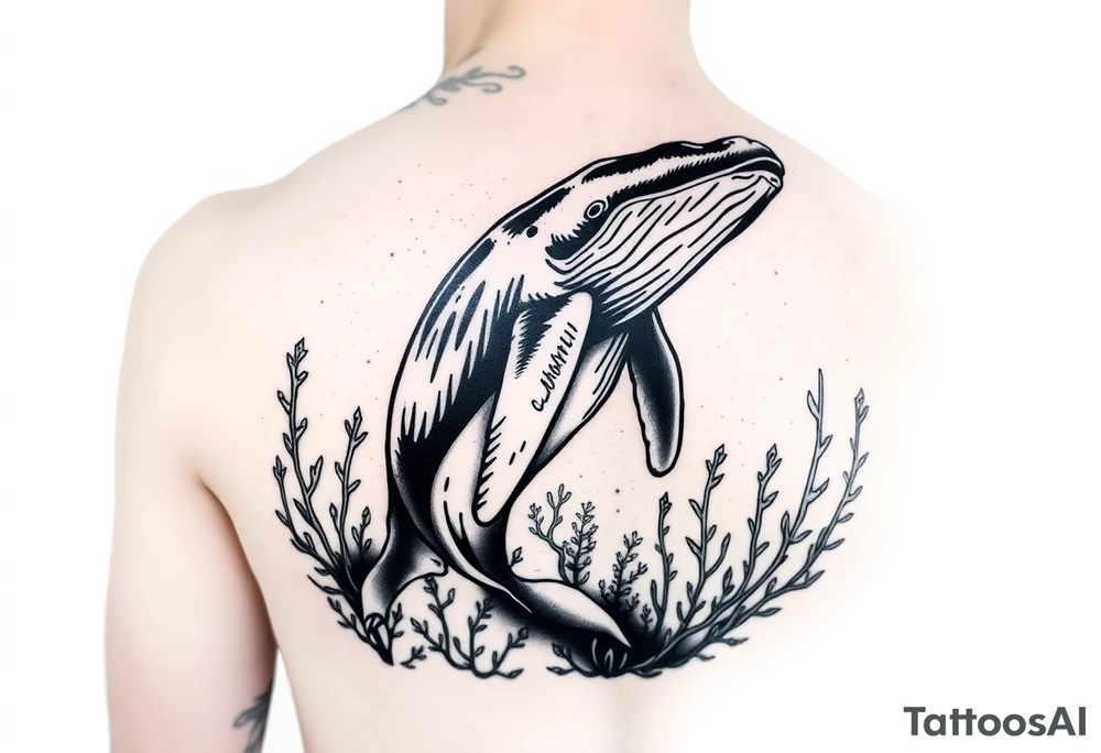 Forearm design, size = most of forearm.   Illustrative B/W with heavy linework, some shading and artistic styling.   Humpback whale that is breaching.  Kelp underwater framing whale as it emerges. tattoo idea