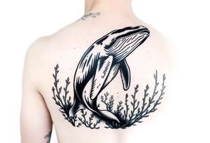 Forearm design, size = most of forearm.   Illustrative B/W with heavy linework, some shading and artistic styling.   Humpback whale that is breaching.  Kelp underwater framing whale as it emerges. tattoo idea