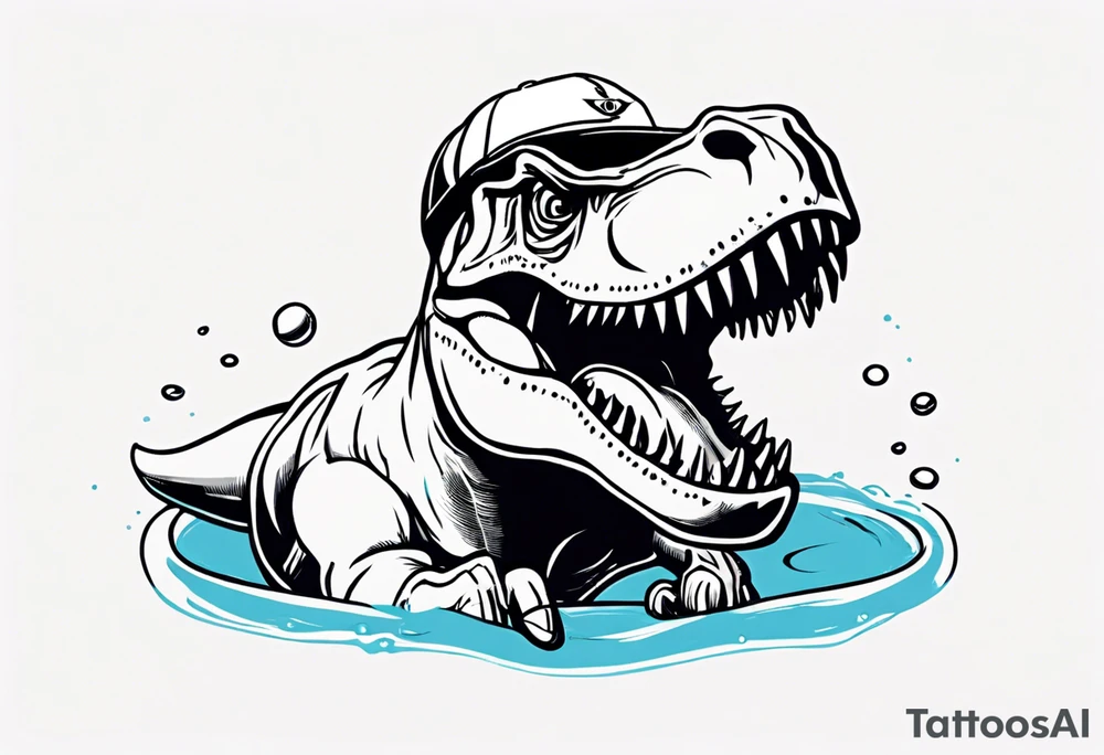 happy t rex in a pool wearing water polo cap tattoo idea
