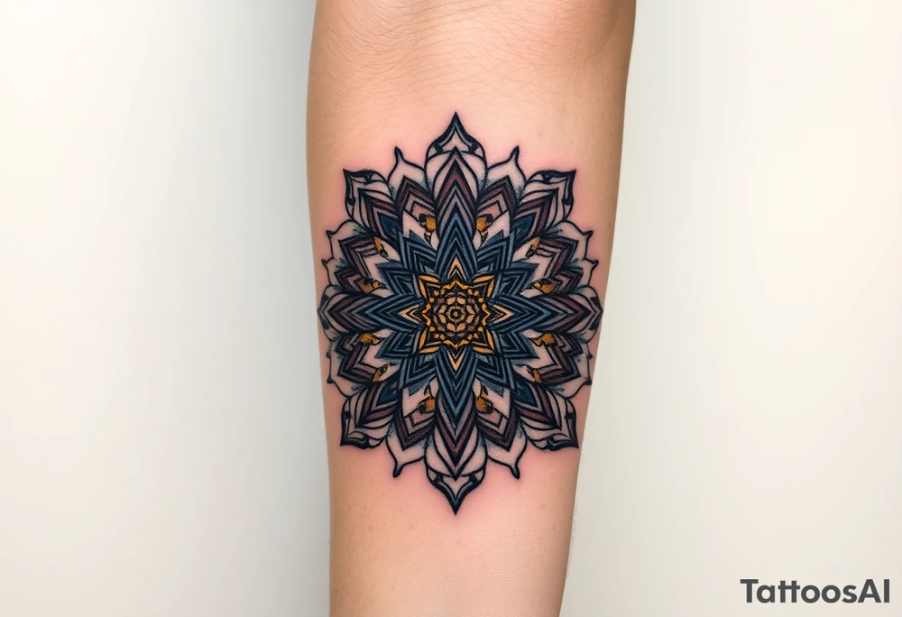 intricate mandala with sacred geometry and cosmic elements and honey combs tattoo idea