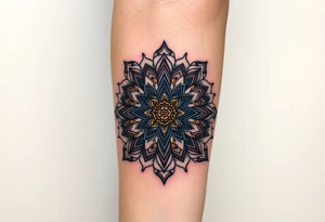 intricate mandala with sacred geometry and cosmic elements and honey combs tattoo idea