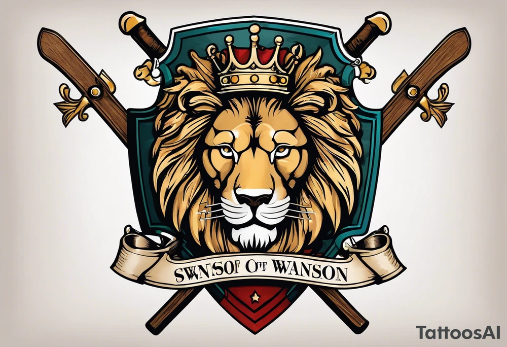 Swanson coat of arms on a shield with crossed skis behind the shield. there is a lion with a crown behind them both tattoo idea