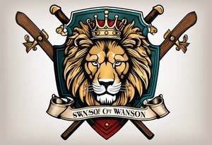 Swanson coat of arms on a shield with crossed skis behind the shield. there is a lion with a crown behind them both tattoo idea