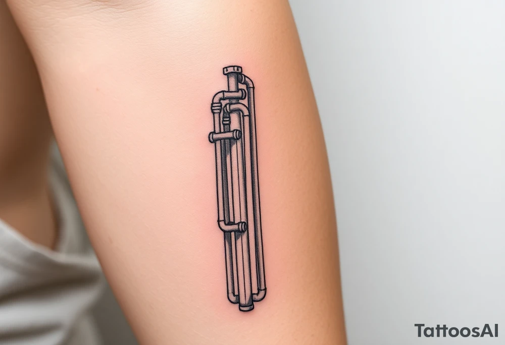 vertical column made of 
system of 100 thin curved plumbing pipes tattoo idea