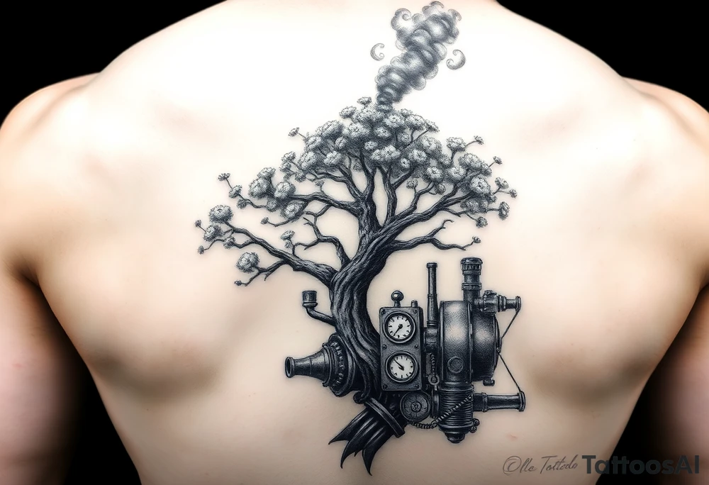 tree growing out of a v shaped engine with lots of pipes, guages and steam around the engine 
 with a smoke stack coming out of the top 
 billowing black smoke as if the tree and engine were a flying machine flying through the air 
 with an extreme steam punk vibe tattoo idea
