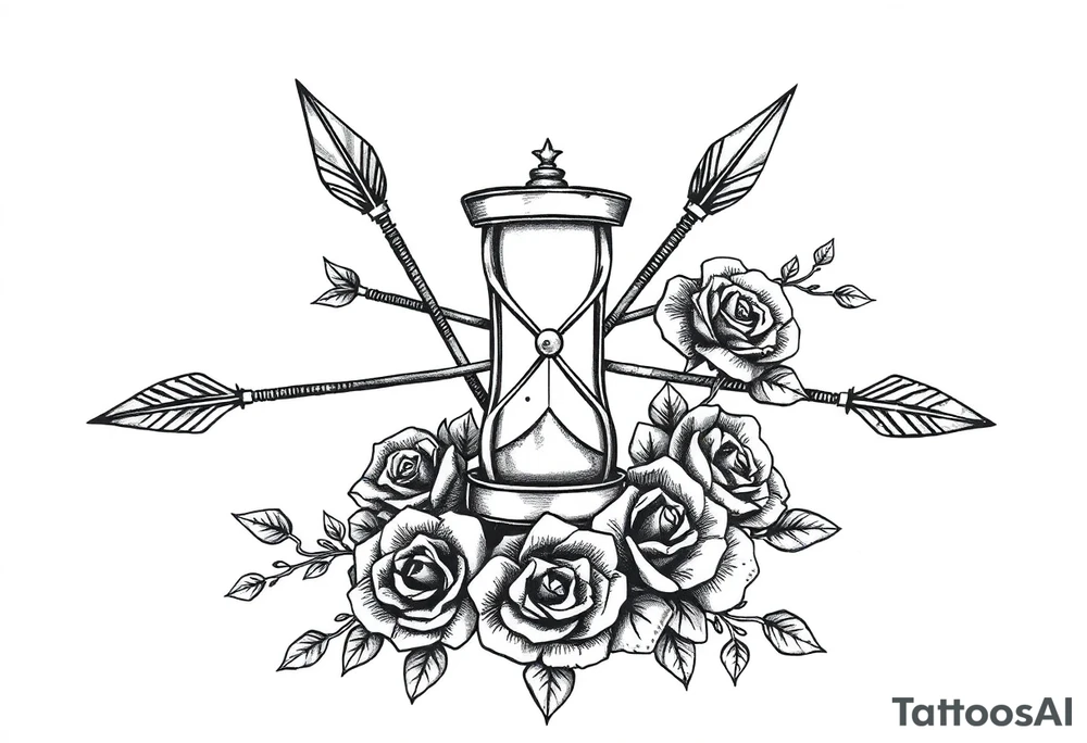 Detailed arrows with hourglass and compass over top and beautiful rose vines around tattoo idea