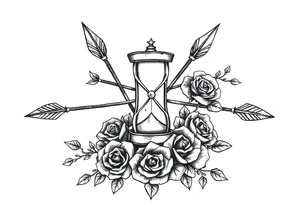 Detailed arrows with hourglass and compass over top and beautiful rose vines around tattoo idea