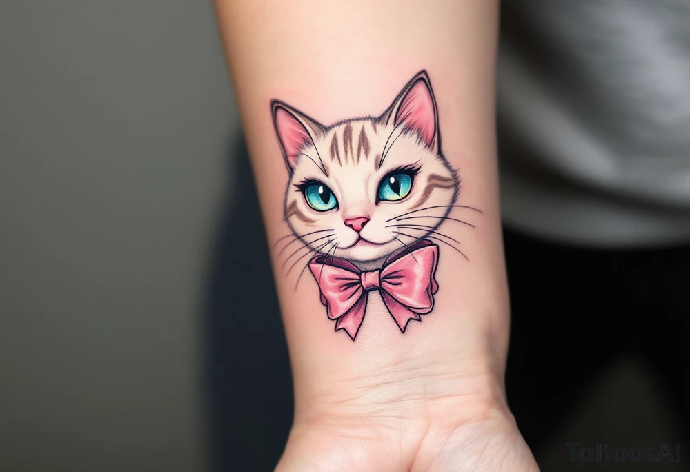 A soft white-and-pink cat with pink bow tattoo brings Marie’s elegance from The Aristocats to life. tattoo idea
