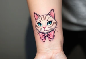 A soft white-and-pink cat with pink bow tattoo brings Marie’s elegance from The Aristocats to life. tattoo idea