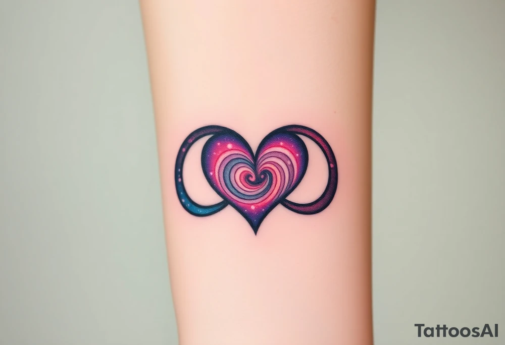 Fully depicted infinity symbol with a heart made of swirling galaxy patterns, tattoo idea