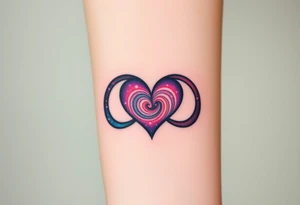 Fully depicted infinity symbol with a heart made of swirling galaxy patterns, tattoo idea