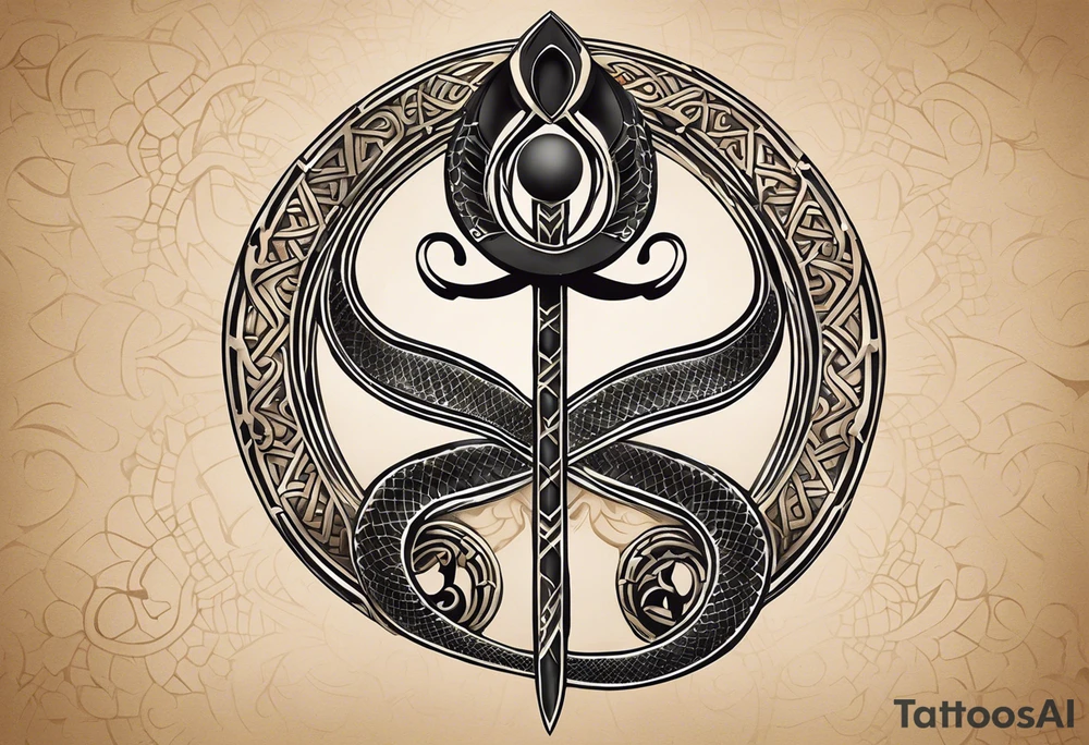 Create a tattoo design featuring an Egyptian cobra or horned viper elegantly wrapping around an ankh. The snake's head should face outward near the top loop of the ankh. Include intricate scales and subtle patterns, emphasizing careful highlights and shadows to create a realistic intertwined effect with the ankh. The design should convey complexity and flow along the forearm, making the ankh appear guarded and enhancing its spiritual, protective aura. tattoo idea