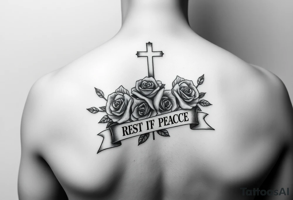 Hip hop religious rest in peace with roses and a banner for a name tattoo idea