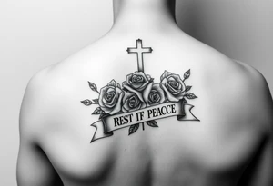 Hip hop religious rest in peace with roses and a banner for a name tattoo idea