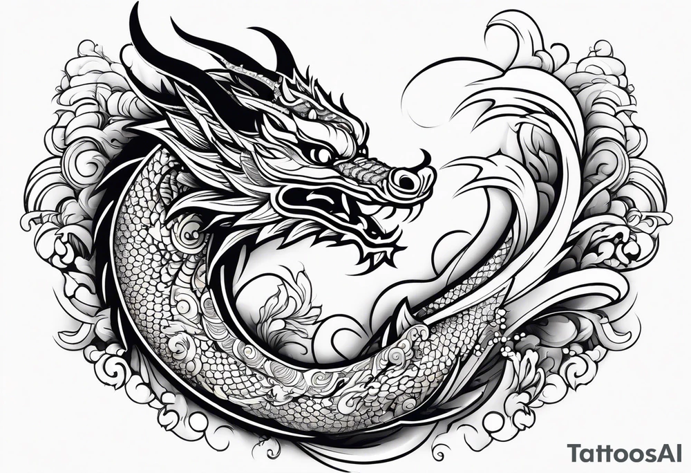 Māori dragon, koi, water, black tattoo idea