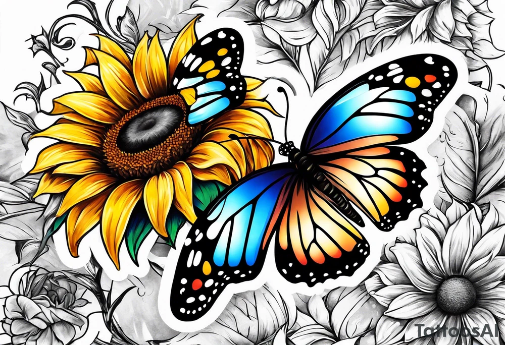 Sleeve with butterflies and sunflowers tattoo idea