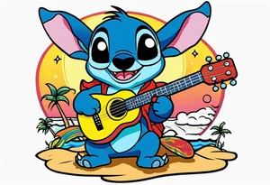 Stitch tattoo on arm under shoulder that is the version of stitch where he’s dressed up like Elvis playing a ukulele on a beach tattoo idea