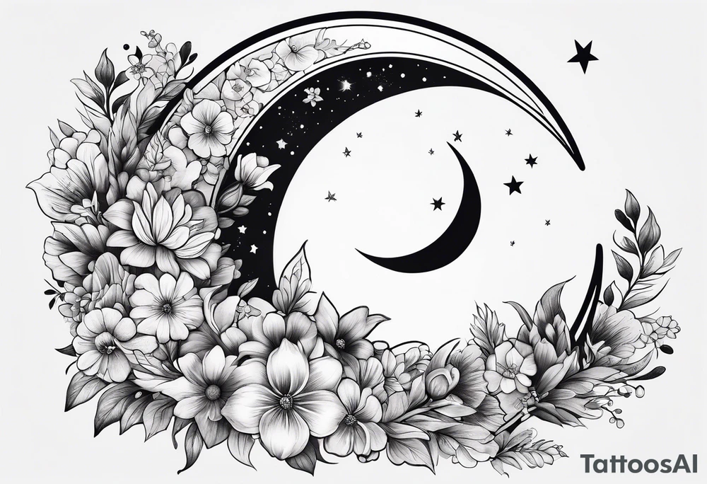 Crescent moon shrouded in pretty flowers tattoo idea