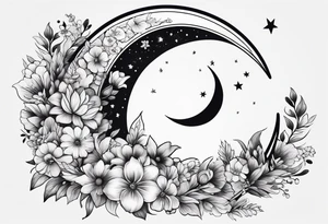 Crescent moon shrouded in pretty flowers tattoo idea