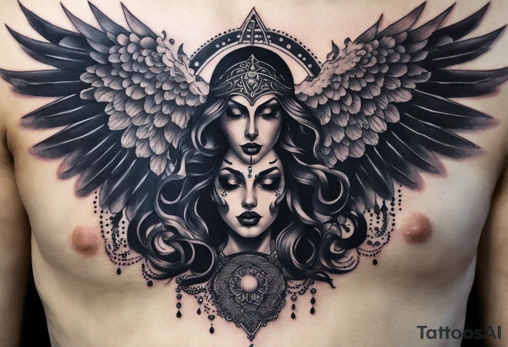 black kali, goddess pirate, alien, angel, pachamama, valkrye, warrior, flying, skull, lotus azul, wing, eagle, zenza resonance, stars, 5D, anahata chakra, death, durga, riding on a tiger, flying lady, chest tatoo tattoo idea