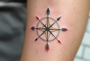 A delicate golden compass, with three arrows in black, navy blue, and red, pointing toward different meaningful destinations tattoo idea