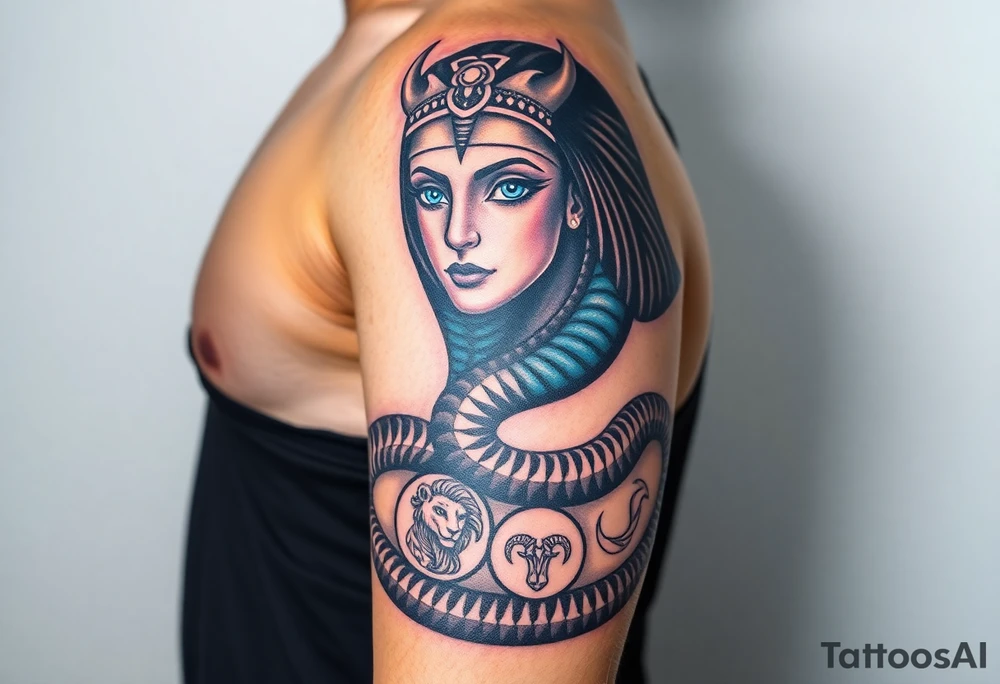 A DSLR photo of a full upper arm tattoo on a man's right arm, from neck to below the elbow. The tattoo shows the Egyptian goddess Renenutet with a serene and powerful female face, shaded with lifelike detail. Her eyes are vivid blue with white highlights. She wears a war crown (Mut or Isis style, with horns and a solar disk), and an ankh on the forehead. Her hair blends into a cobra hood that transitions into the serpent’s body wrapping around the entire arm. The cobra’s scales are deeply shaded black with white edge accents and subtle blue highlights on the back. The body coils protectively around the forearm, encircling three symbols: twin faces (Gemini), a lion’s head in relief (Leo), and a Capricorn with a horned goat and fish tail, each embedded in the snake’s body or stylized medallions. The tattoo glows slightly with white ink accents, giving it a vibrant, almost living presence. Photographed in soft studio lighting to highlight texture and shading, with visible skin grain and depth of ink. tattoo idea