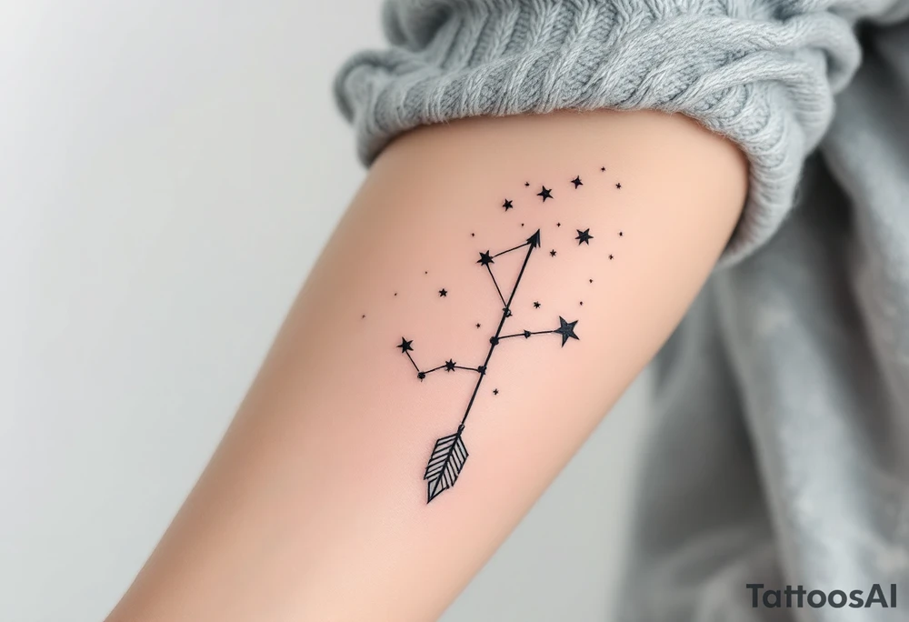 A simple Sagittarius star constellation design with black stars connected by fine white lines, hovering above a faded turquoise arrow. tattoo idea