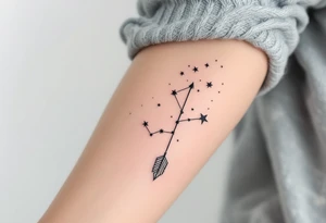A simple Sagittarius star constellation design with black stars connected by fine white lines, hovering above a faded turquoise arrow. tattoo idea