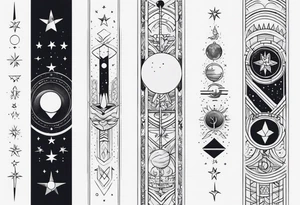 Long narrow line spine tattoo. Includes moon, stars and ancient symbols. Minimal design. tattoo idea