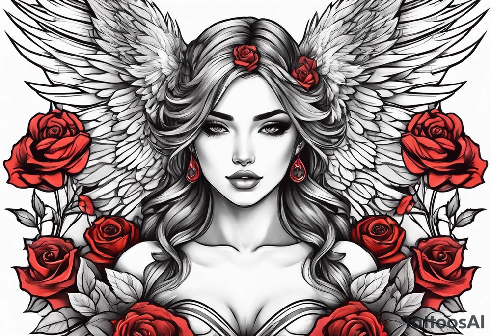 Beautiful woman angle with wings standing surrounded by roses tattoo idea