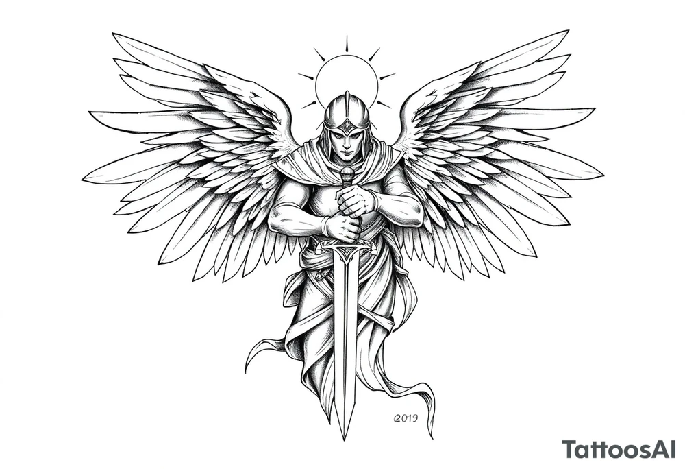 Holy Archangel, Biblical, Christianity, Hebrew, Guards of Christianity, Holding a sword, has six wings, wearing helmet, halo, seraphim, seek justice, walk only with God tattoo idea