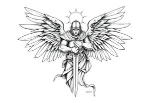 Holy Archangel, Biblical, Christianity, Hebrew, Guards of Christianity, Holding a sword, has six wings, wearing helmet, halo, seraphim, seek justice, walk only with God tattoo idea