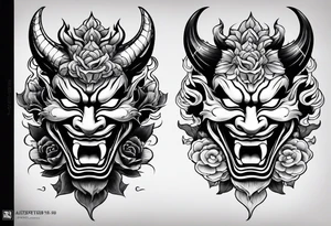 Half sleeve irezumi hebi and two hannya masks one laughing one crying tattoo idea