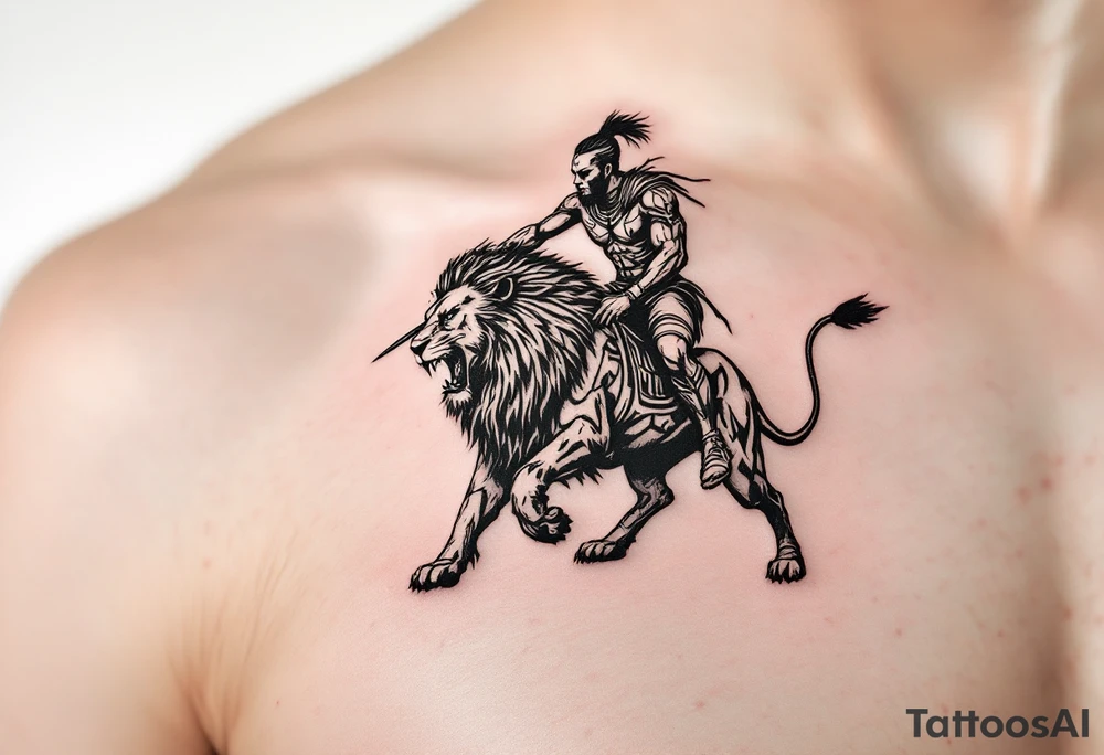 African tribal warrior riding on top of lion into battle tattoo idea