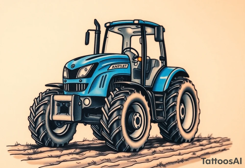 A detailed blue tractor with headlights glowing, standing proudly on a freshly tilled farm field. tattoo idea