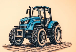 A detailed blue tractor with headlights glowing, standing proudly on a freshly tilled farm field. tattoo idea