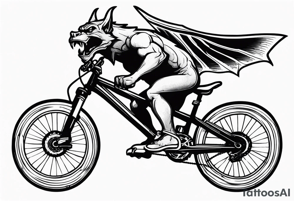 gargoyle riding a full suspension mountain bike with a shadow no background tattoo idea