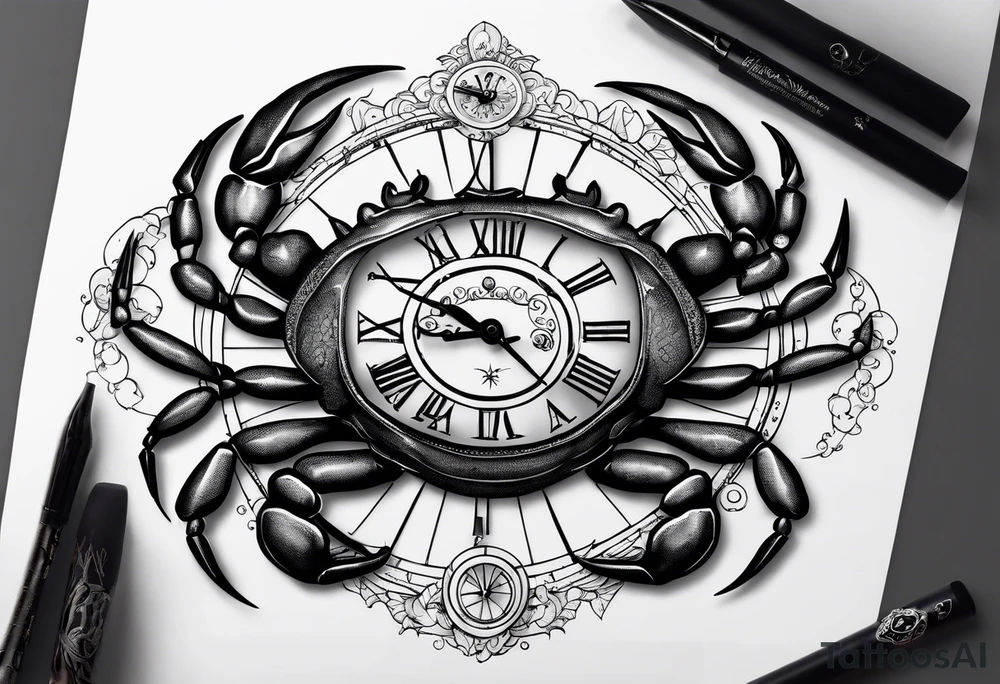 Zodiac crab with clock inside ree of life tattoo idea