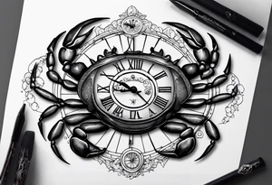 Zodiac crab with clock inside ree of life tattoo idea