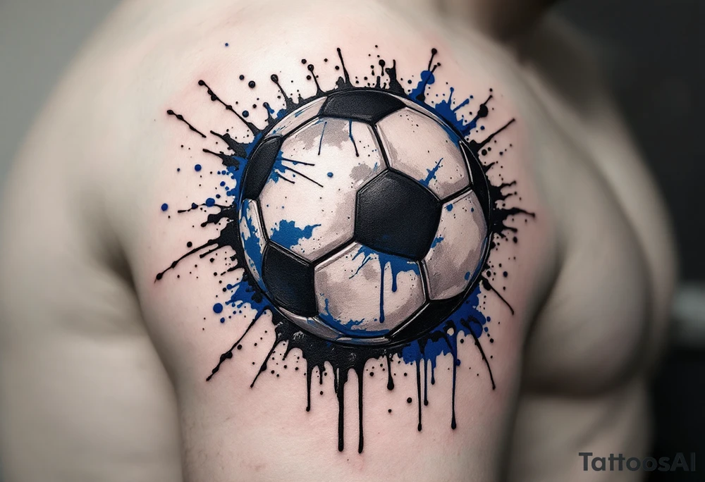 A dripping-ink soccer ball in grayscale with splashes of cobalt blue for contrast. tattoo idea