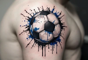 A dripping-ink soccer ball in grayscale with splashes of cobalt blue for contrast. tattoo idea