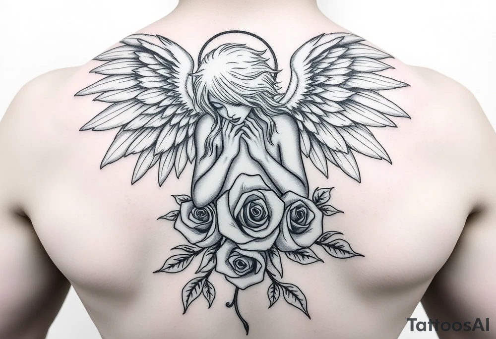Sexy fallen angel with roses tattoo idea