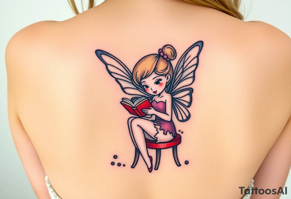 Fairy, reading a book, in a library, sitting in a chair tattoo idea